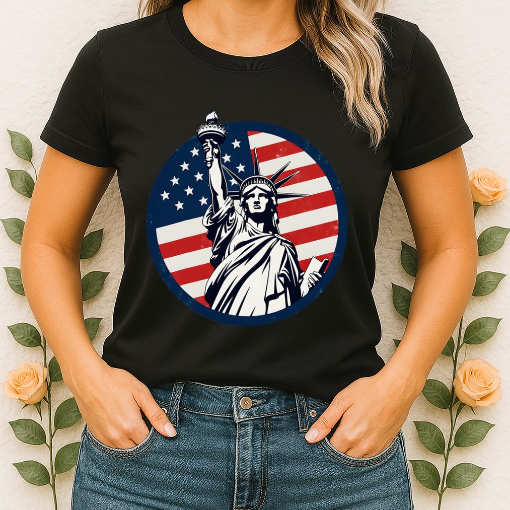 Statue Of Liberty With American Flag Fourth Of July Womens T-Shirt