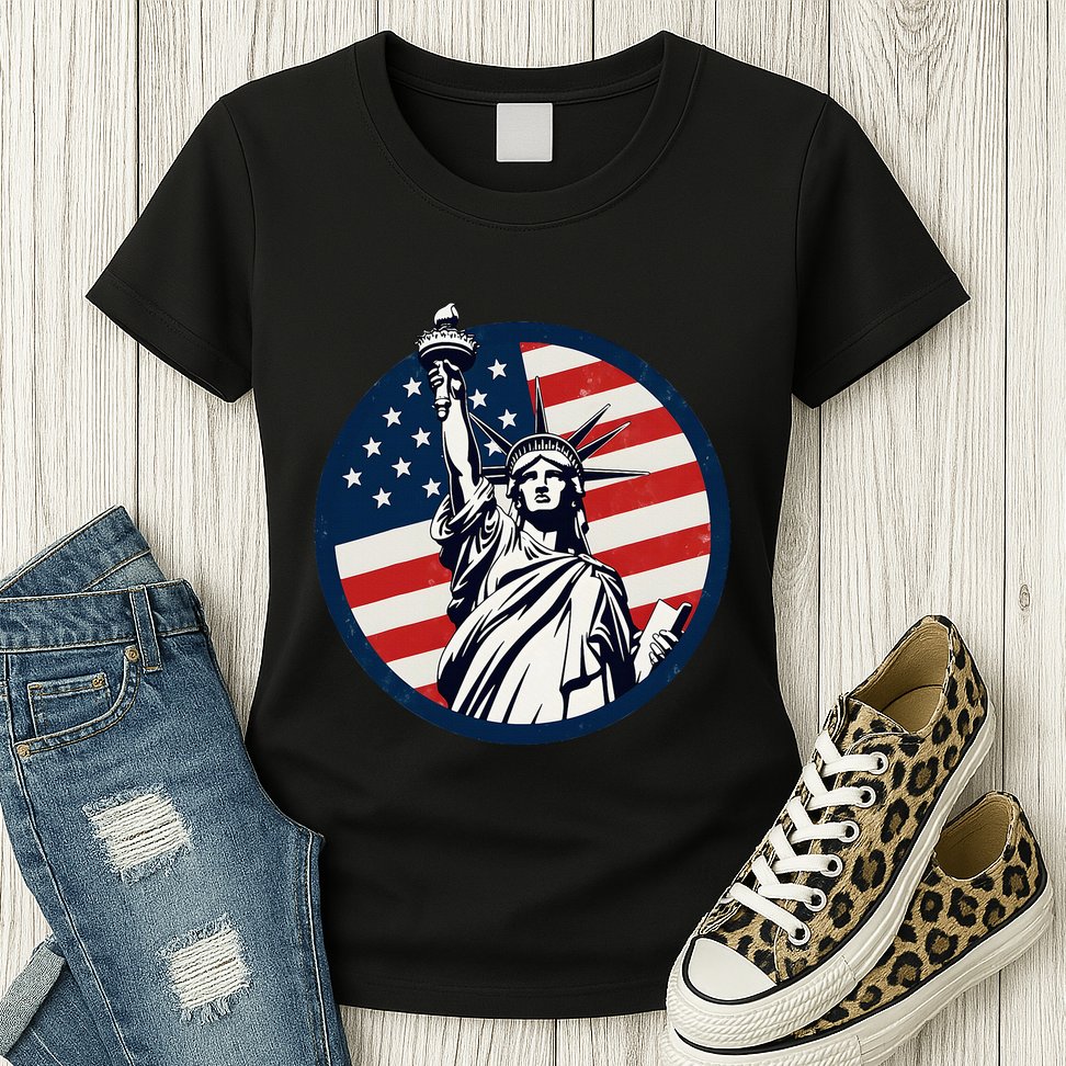 Statue Of Liberty With American Flag Fourth Of July Womens T-Shirt