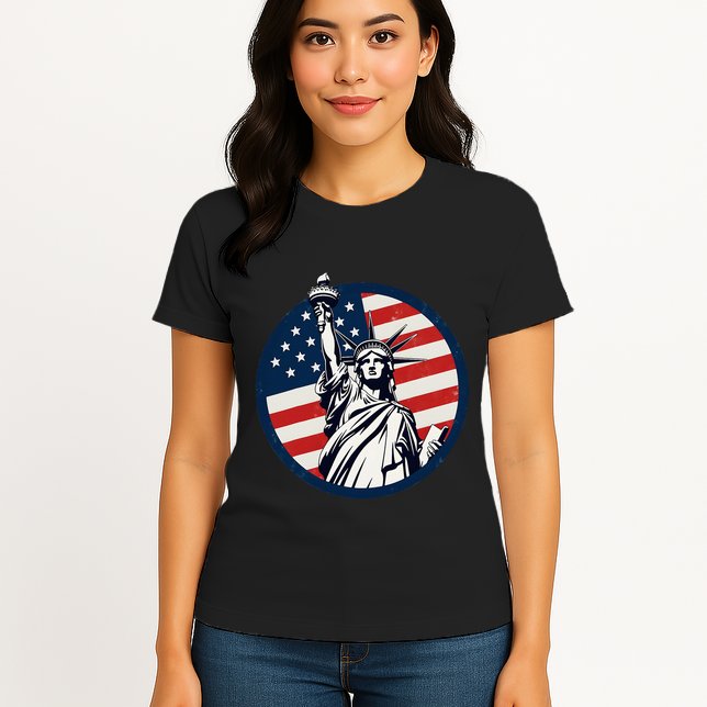 Statue Of Liberty With American Flag Fourth Of July Womens T-Shirt
