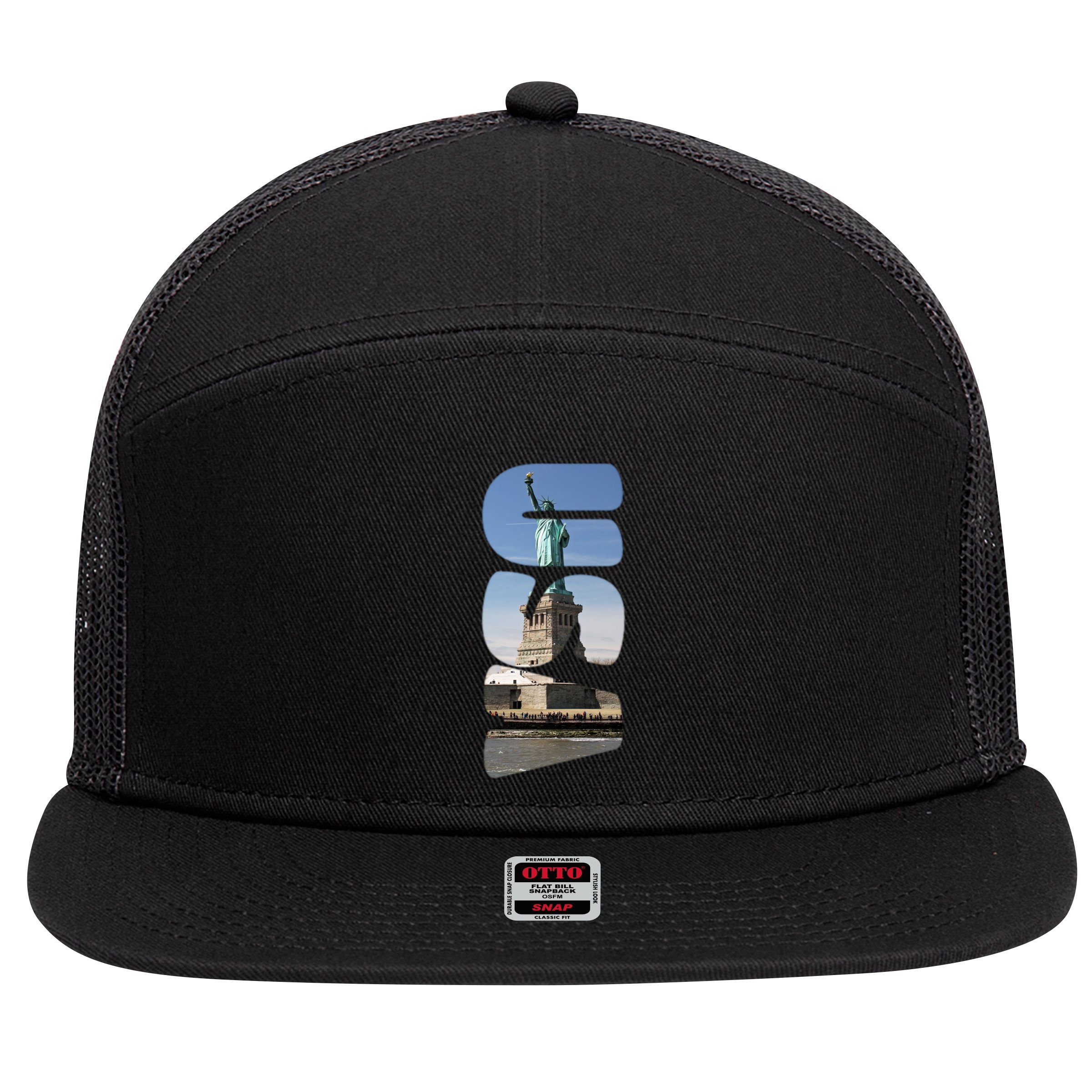 Statue Of Liberty Photograph Usa Letters Design Gift 7 Panel Mesh Trucker Snapback Hat