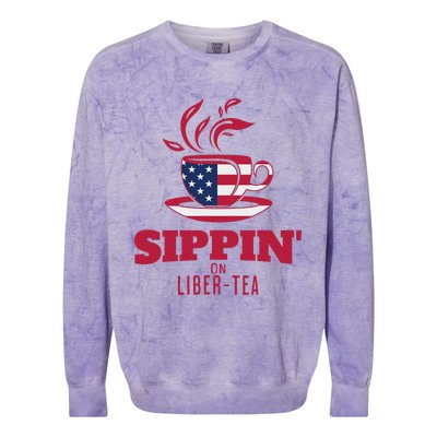 Sippin On Liber Tea American Flag Funny Holiday Slogans Colorblast Crewneck Sweatshirt