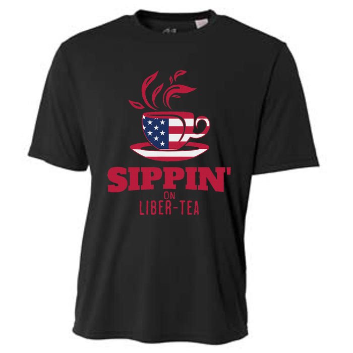 Sippin On Liber Tea American Flag Funny Holiday Slogans Cooling Performance Crew T-Shirt