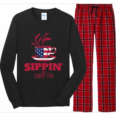 Sippin On Liber Tea American Flag Funny Holiday Slogans Long Sleeve Pajama Set