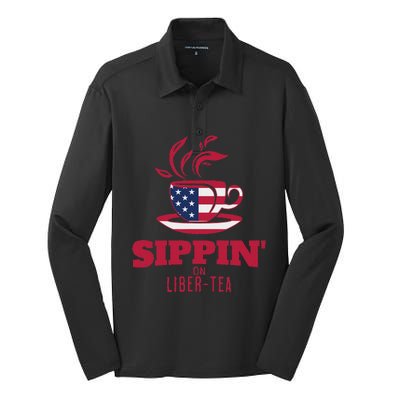 Sippin On Liber Tea American Flag Funny Holiday Slogans Silk Touch Performance Long Sleeve Polo