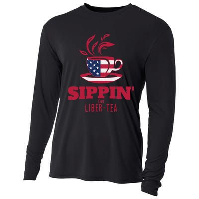 Sippin On Liber Tea American Flag Funny Holiday Slogans Cooling Performance Long Sleeve Crew