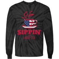 Sippin On Liber Tea American Flag Funny Holiday Slogans Tie-Dye Long Sleeve Shirt