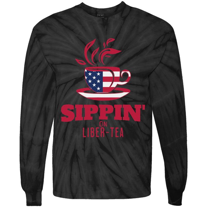 Sippin On Liber Tea American Flag Funny Holiday Slogans Tie-Dye Long Sleeve Shirt