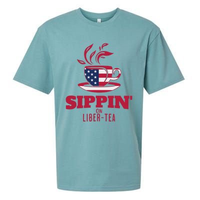 Sippin On Liber Tea American Flag Funny Holiday Slogans Sueded Cloud Jersey T-Shirt