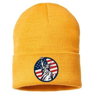 Statue Of Liberty With American Flag Fourth Of July Sustainable Knit Beanie