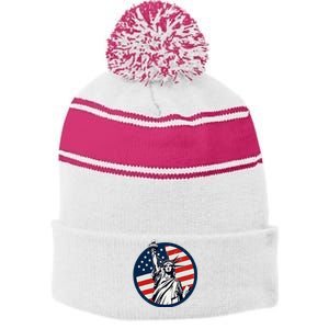 Statue Of Liberty With American Flag Fourth Of July Stripe Pom Pom Beanie