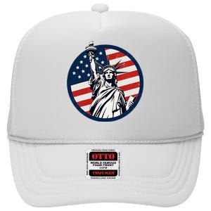 Statue Of Liberty With American Flag Fourth Of July High Crown Mesh Back Trucker Hat