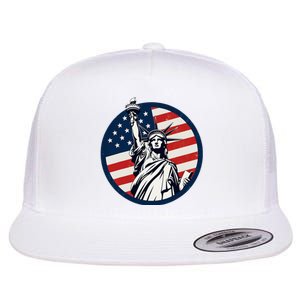 Statue Of Liberty With American Flag Fourth Of July Flat Bill Trucker Hat