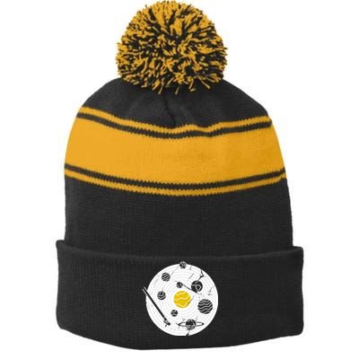 Solar System Vinyl Record Stripe Pom Pom Beanie