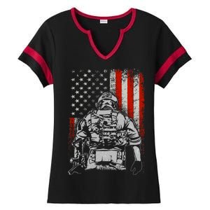 Solider US Flag Support The Troops Ladies Halftime Notch Neck Tee