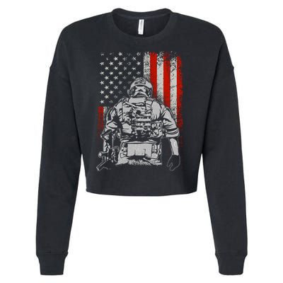 Solider US Flag Support The Troops Cropped Pullover Crew