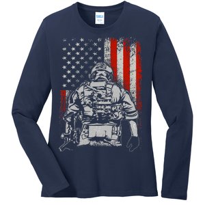 Solider US Flag Support The Troops Ladies Long Sleeve Shirt