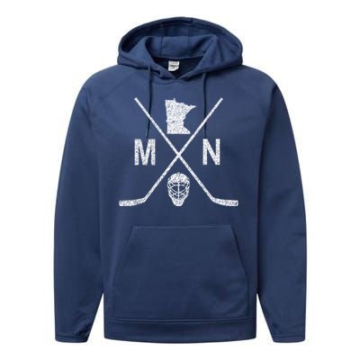 State Of Mn Hockey Gift Vintage Look Gift Performance Fleece Hoodie