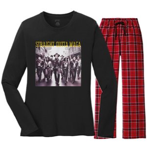 Straight Outta Maga Western Cowboy Outfit Trump 2024 Women's Long Sleeve Flannel Pajama Set 