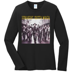 Straight Outta Maga Western Cowboy Outfit Trump 2024 Ladies Long Sleeve Shirt