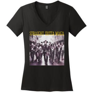 Straight Outta Maga Western Cowboy Outfit Trump 2024 Women's V-Neck T-Shirt