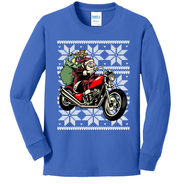 Santa On Motorcycle Funny Ugly Christmas Gift Funny Gift Kids Long Sleeve Shirt