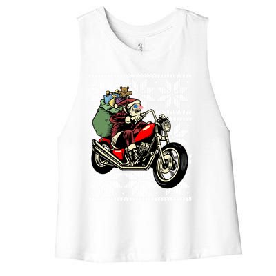 Santa On Motorcycle Funny Ugly Christmas Gift Funny Gift Women's Racerback Cropped Tank