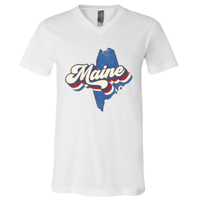 State Of Maine Retro Logo V-Neck T-Shirt