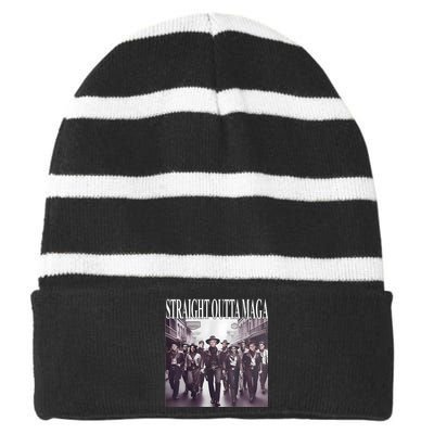 Straight Outta Maga Funny Trump 2024 Funny Striped Beanie with Solid Band