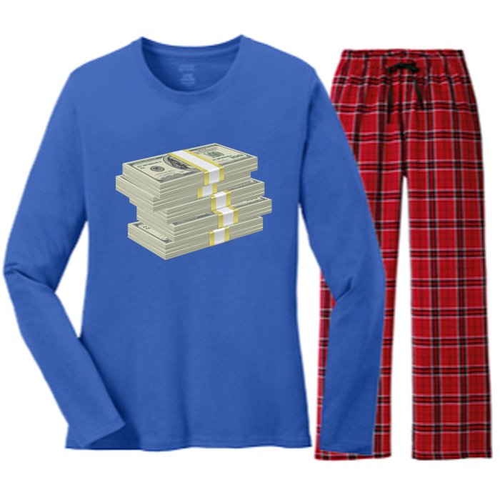 Stack Of Money Dollar Bills Design Great Gift Women's Long Sleeve Flannel Pajama Set 