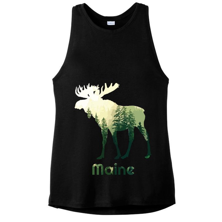 State Of Maine Moose Forest Tree Hunter Wildlife Ladies PosiCharge Tri-Blend Wicking Tank