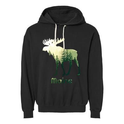 State Of Maine Moose Forest Tree Hunter Wildlife Garment-Dyed Fleece Hoodie