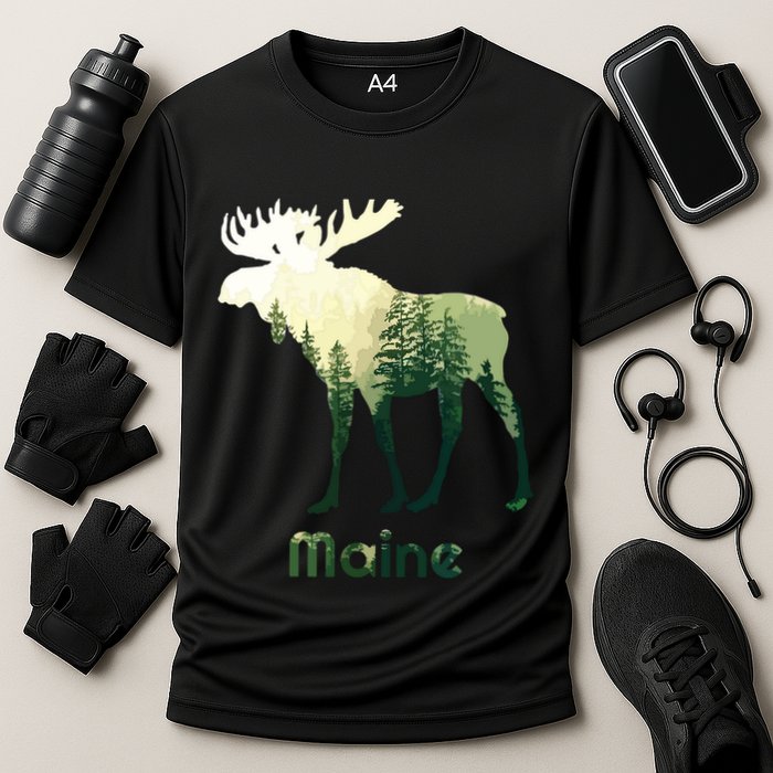 State Of Maine Moose Forest Tree Hunter Wildlife Cooling Performance Crew T-Shirt