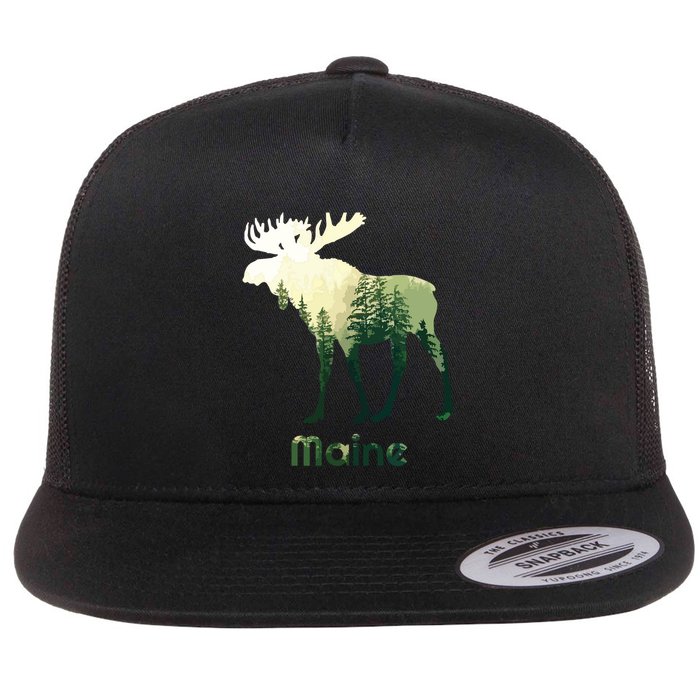 State Of Maine Moose Forest Tree Hunter Wildlife Flat Bill Trucker Hat