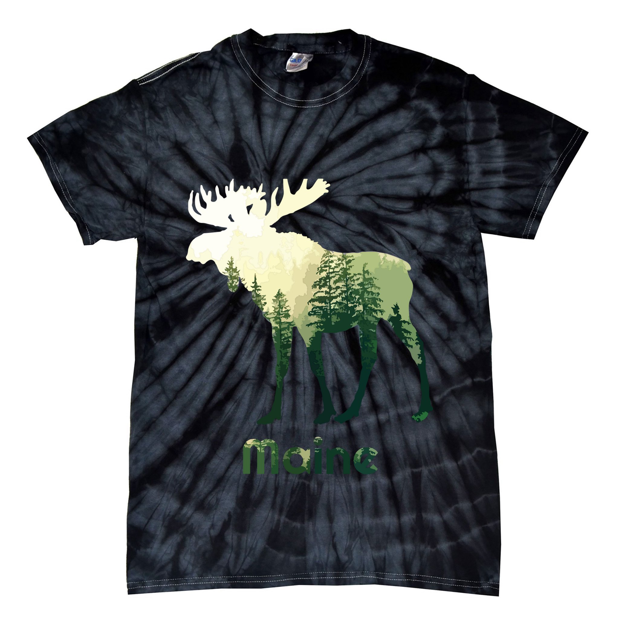 State Of Maine Moose Forest Tree Hunter Wildlife Tie-Dye T-Shirt