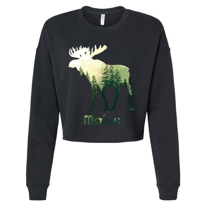 State Of Maine Moose Forest Tree Hunter Wildlife Cropped Pullover Crew