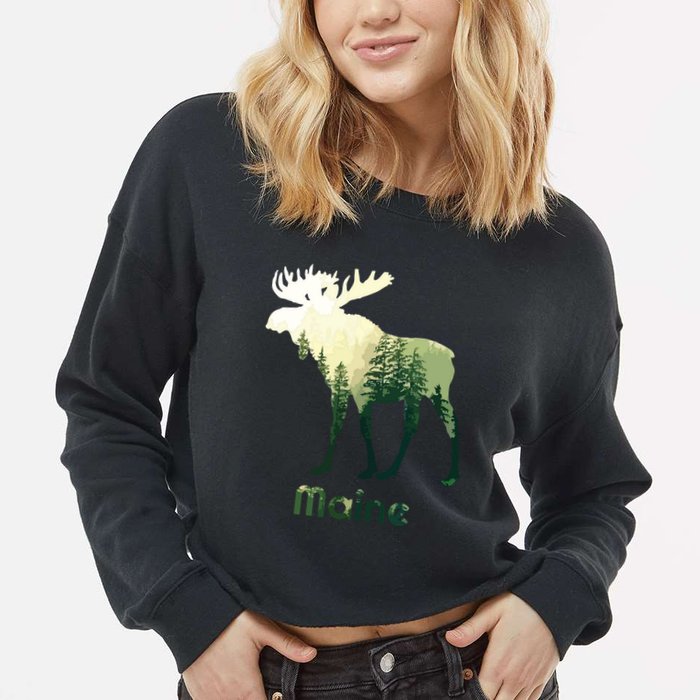 State Of Maine Moose Forest Tree Hunter Wildlife Cropped Pullover Crew