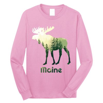 State Of Maine Moose Forest Tree Hunter Wildlife Long Sleeve Shirt