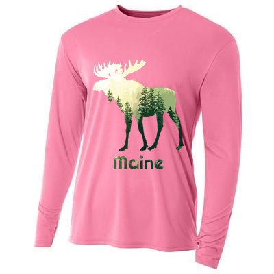 State Of Maine Moose Forest Tree Hunter Wildlife Cooling Performance Long Sleeve Crew
