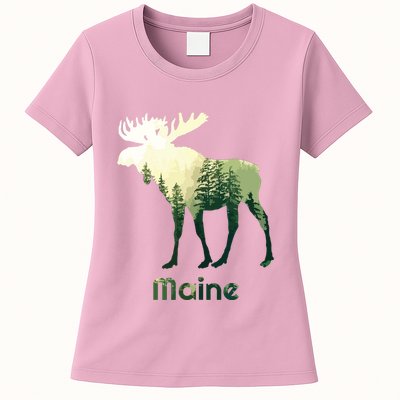 State Of Maine Moose Forest Tree Hunter Wildlife Womens T-Shirt