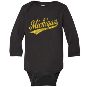 State Of Michigan Varsity Script Classic Sports Jersey Style Baby Long Sleeve Bodysuit