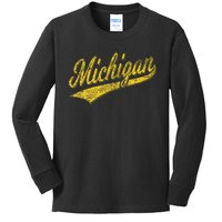 State Of Michigan Varsity Script Classic Sports Jersey Style Kids Long Sleeve Shirt