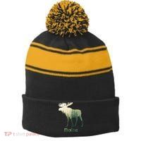 State Of Maine Moose Forest Tree Hunter Wildlife Stripe Pom Pom Beanie
