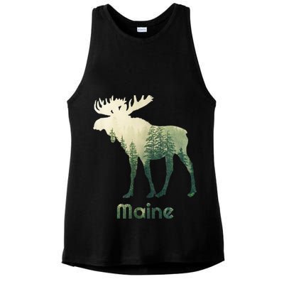 State Of Maine Moose Forest Tree Hunter Wildlife Ladies PosiCharge Tri-Blend Wicking Tank