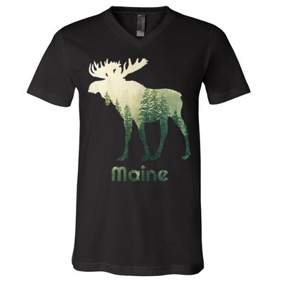 State Of Maine Moose Forest Tree Hunter Wildlife V-Neck T-Shirt