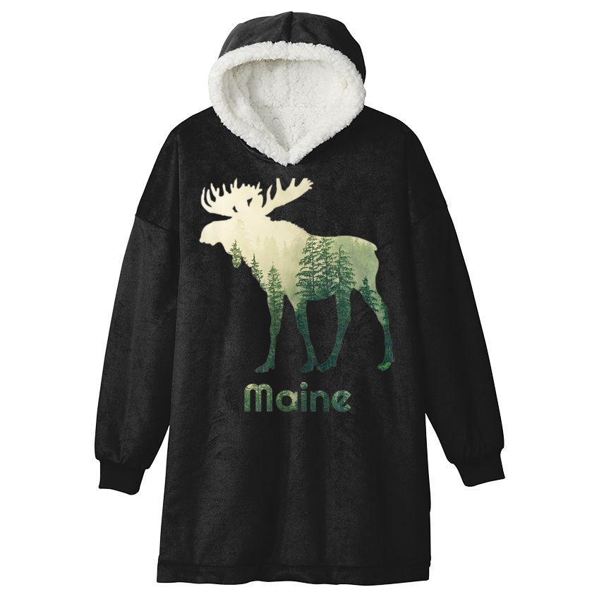 State Of Maine Moose Forest Tree Hunter Wildlife Hooded Wearable Blanket