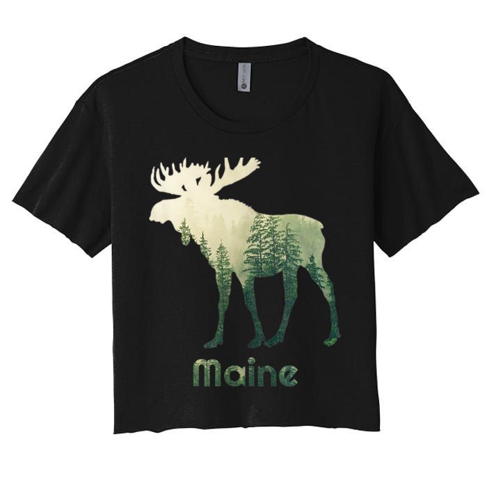 State Of Maine Moose Forest Tree Hunter Wildlife Women's Crop Top Tee