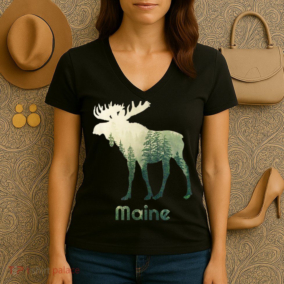 State Of Maine Moose Forest Tree Hunter Wildlife Women's V-Neck T-Shirt