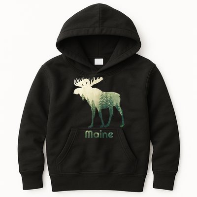 State Of Maine Moose Forest Tree Hunter Wildlife Kids Hoodie