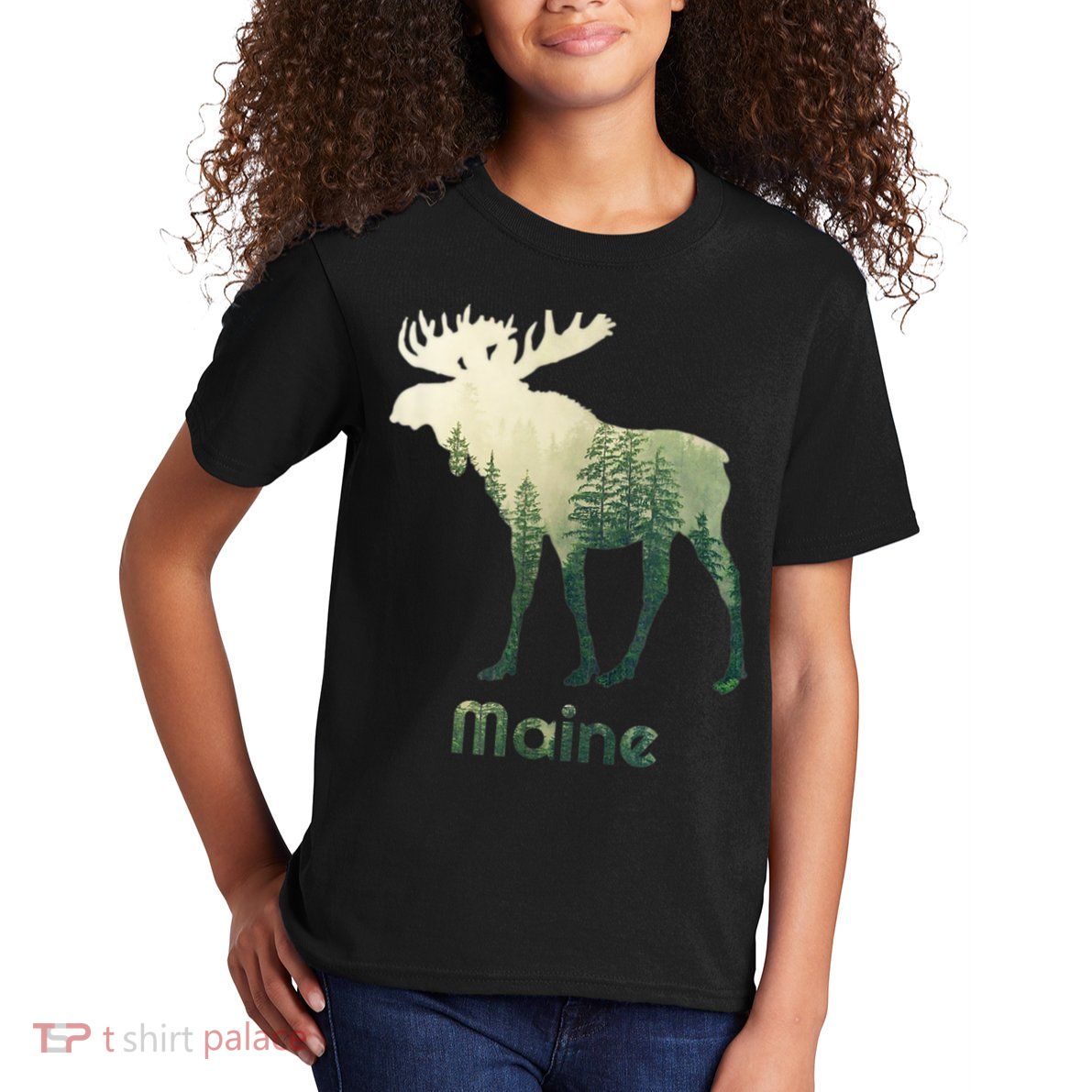 State Of Maine Moose Forest Tree Hunter Wildlife Kids T-Shirt
