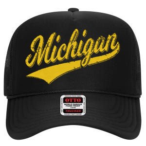 State Of Michigan Varsity Script Classic Sports Jersey Style High Crown Mesh Back Trucker Hat